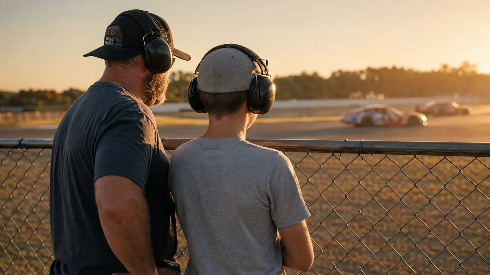 Man and teenage nephew wearing electronic earmuffs at a race track fence in late afternoon light