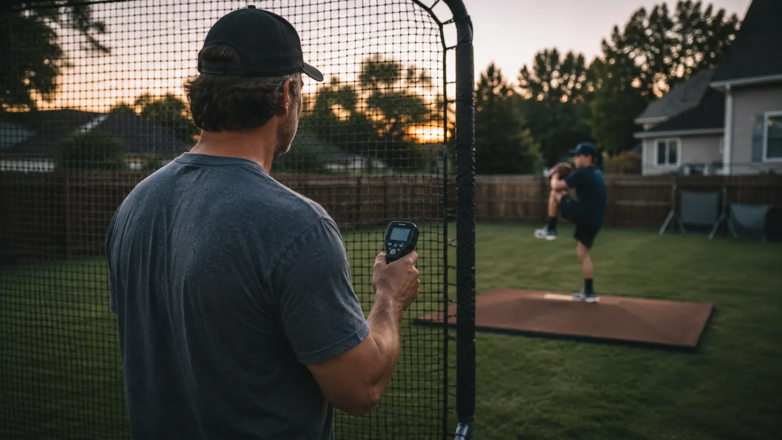 A dad standing behind a chain-link backstop holding a small radar unit as his 13-year-old son winds up to pitch at dusk