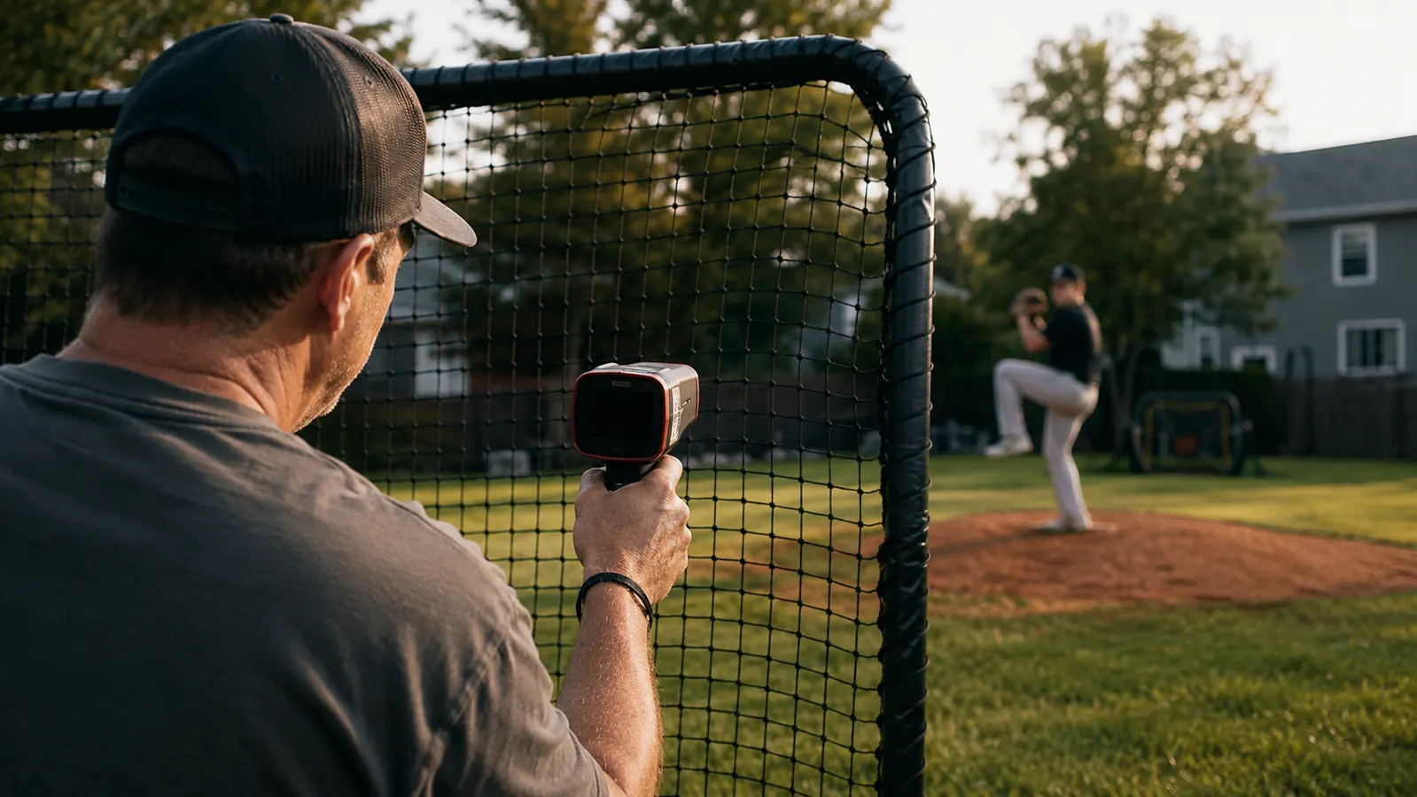 A parent holding a Pocket Radar Smart Coach unit behind a portable pitching screen at a backyard bullpen at dusk