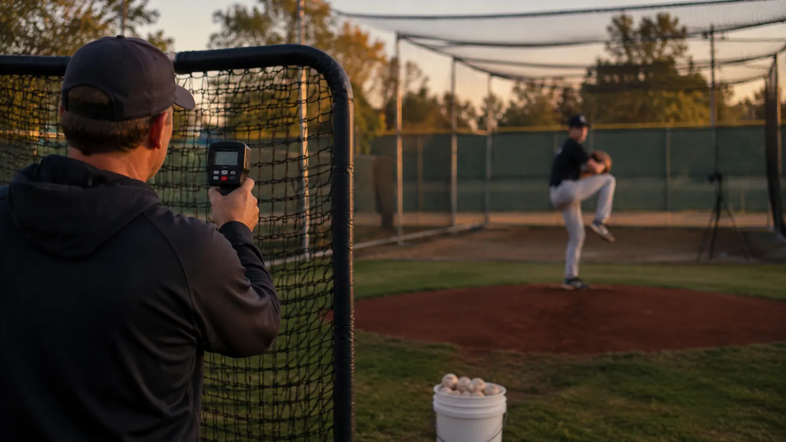 A parent holding a handheld radar gun behind an L-screen while a teenage pitcher throws a bullpen in a backyard practice net