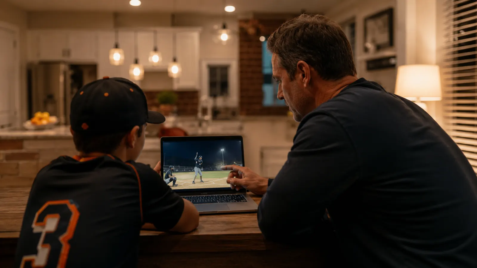 A dad and his young son sitting at a kitchen table at night with a laptop open between them