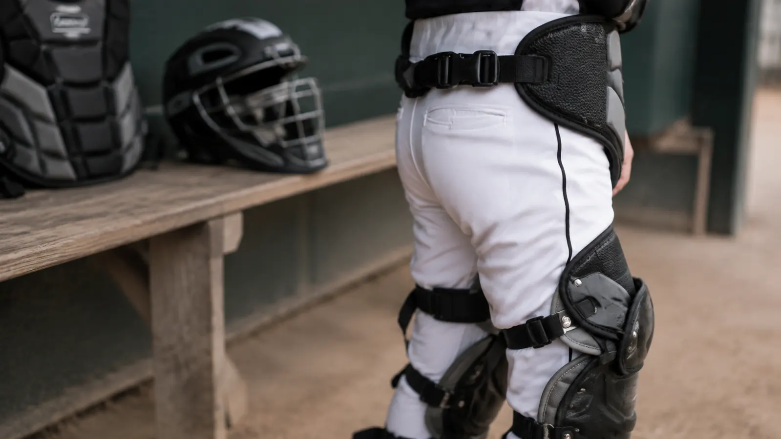 Close-up of a matched chest protector and leg guard buckle system on a young catcher