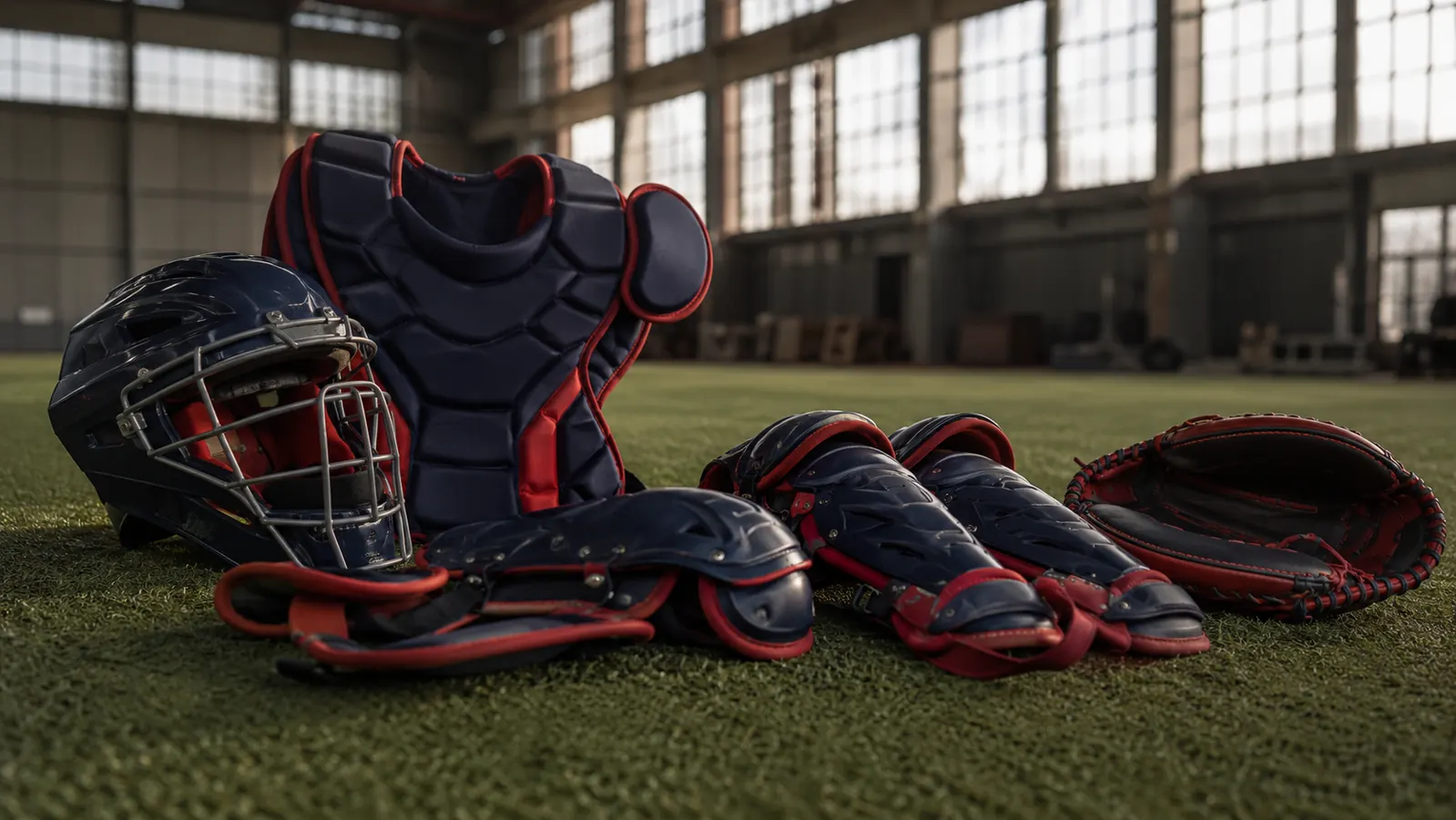 Teen softball catcher's gear laid out on a fieldhouse turf floor under tall windows in winter light