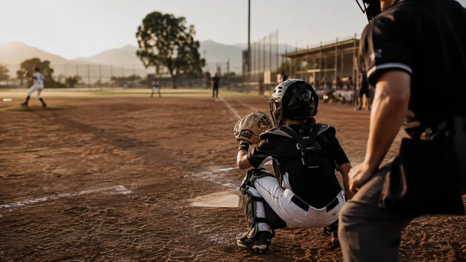 Youth catcher in navy and red gear crouched behind home plate at a dusty travel-ball field