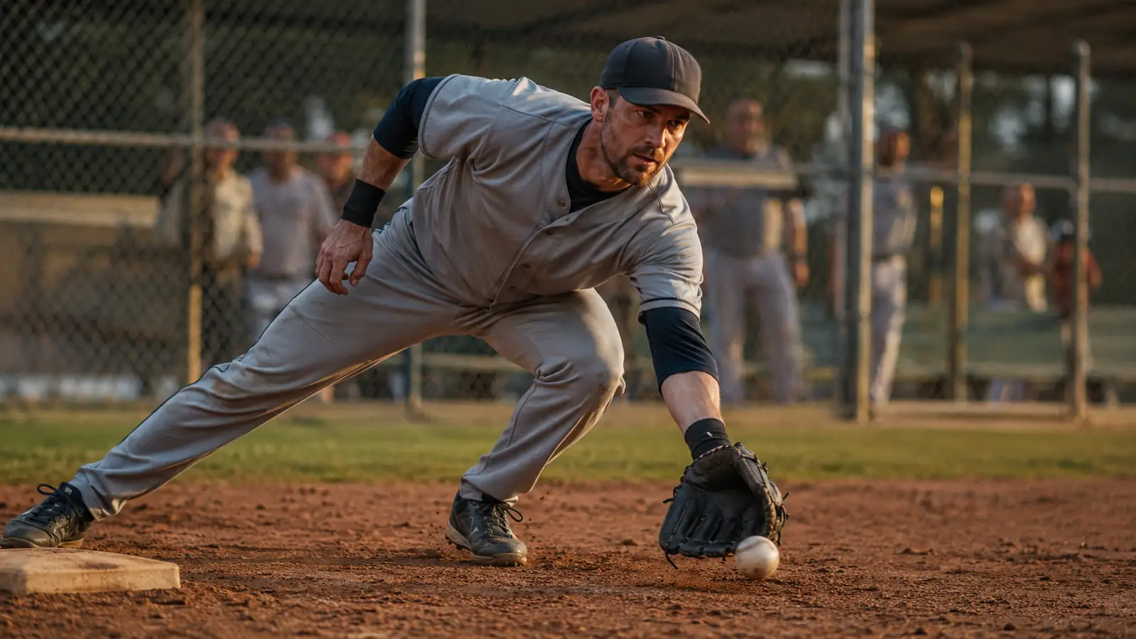 Adult rec-league third baseman fielding a ground ball at dusk in a navy and red uniform