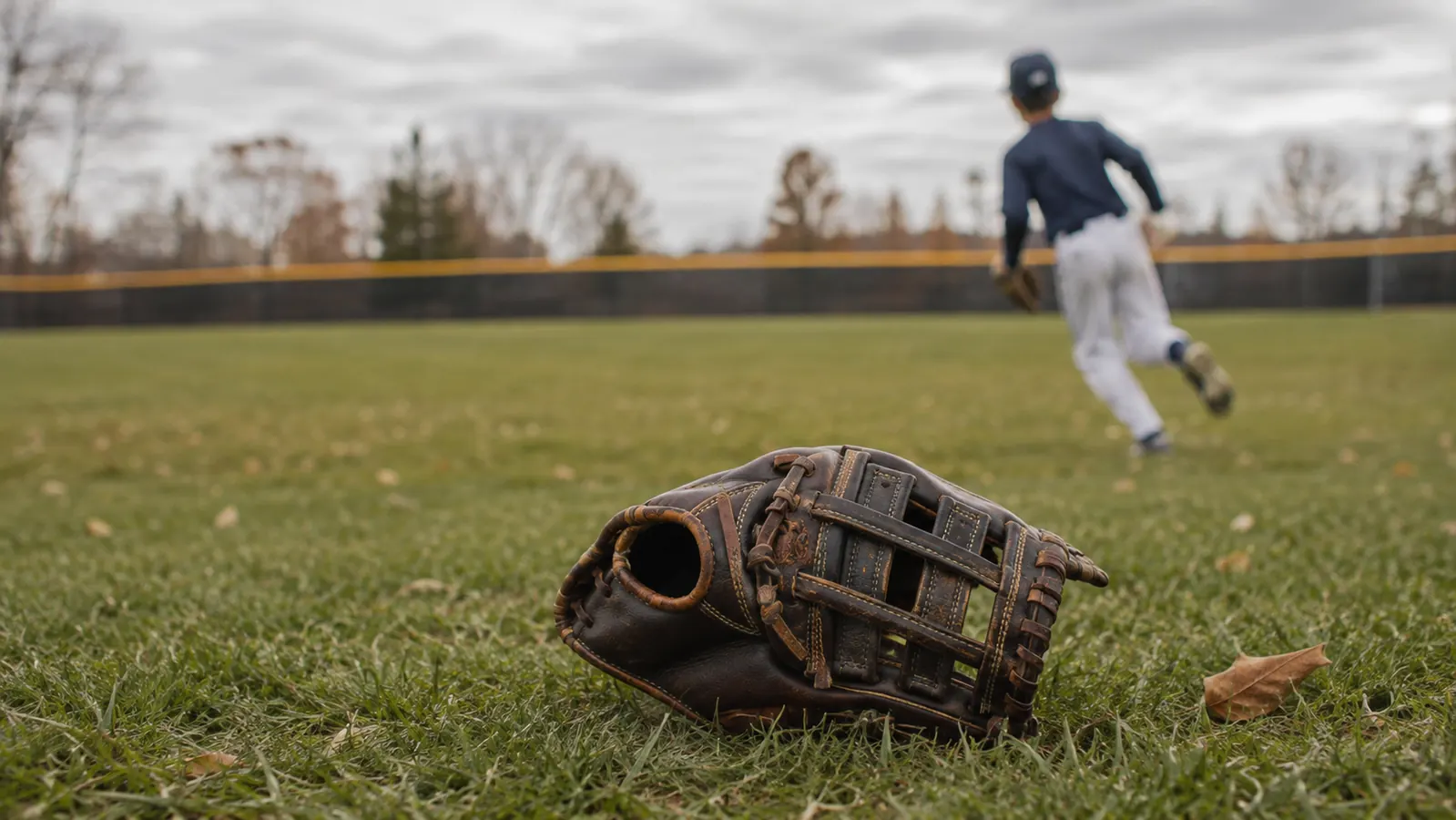Worn tan leather outfield glove resting in outfield grass under overcast fall light
