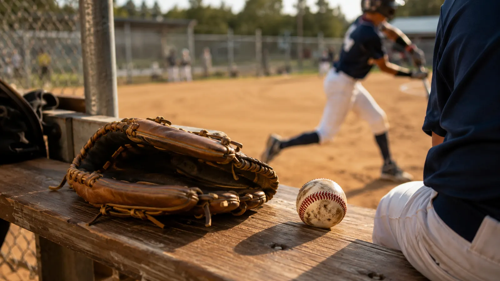 Worn tan leather infield glove resting on a dugout bench with cleats and a ball nearby, late afternoon light