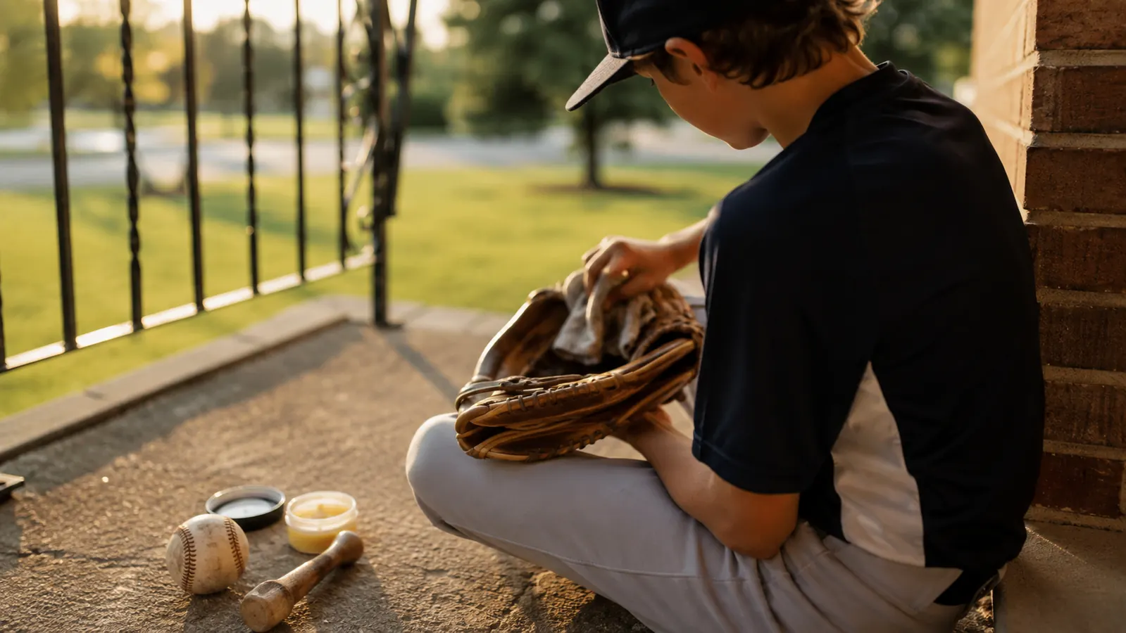 A youth player oiling and working the pocket of a leather infield glove on a porch step